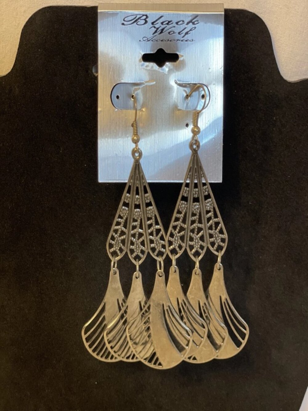 Black Wolf Silver Tone Filigree Dangle Earrings Pierced French Hook Chandelier